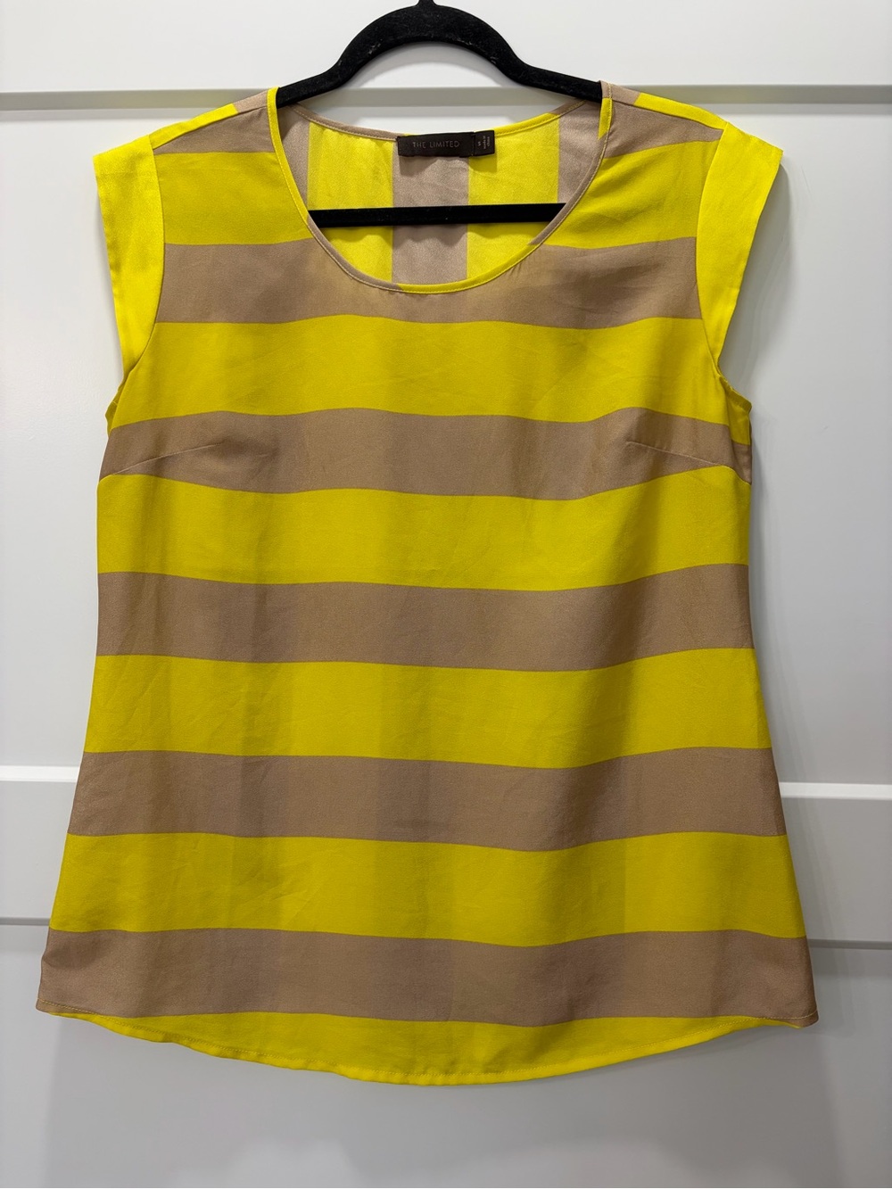 The Limited Summer Coastal Beach Yellow & Taupe Striped Cap-Sleeve Women's Top